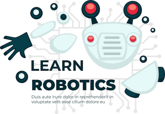 Conocimiento científico y educación en el ámbito de la robótica, aprende robots. Cursos y clases de disciplinas para la creación de androides con inteligencia artificial. Producción de cibernética. Vector en estilo plano