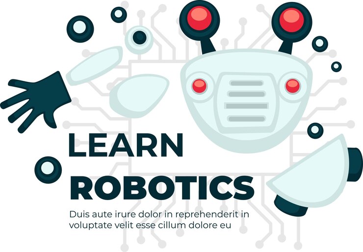 Vector conocimiento científico y educación en el ámbito de la robótica, aprende robots. cursos y clases de disciplinas para la creación de androides con inteligencia artificial. producción de cibernética. vector en estilo plano