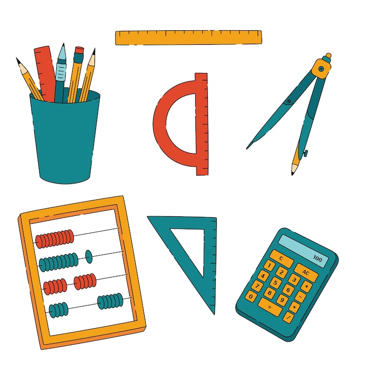 Vector conocimiento de educación matemática materias escolares de gobernantes calculadora ábaco compases y papelería