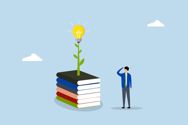 Conocimiento individuo joven inteligente con una pila de libros junto a la planta de bombilla