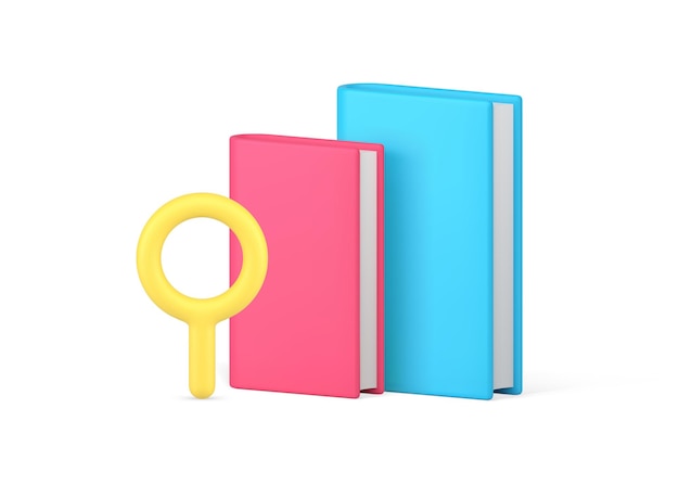 Conocimiento de libros información educativa búsqueda con lupa ilustración vectorial de iconos 3D
