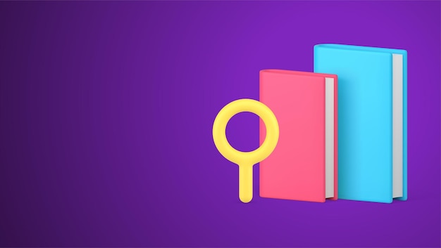 Conocimiento de libros información educativa búsqueda con lupa ilustración vectorial de iconos 3D