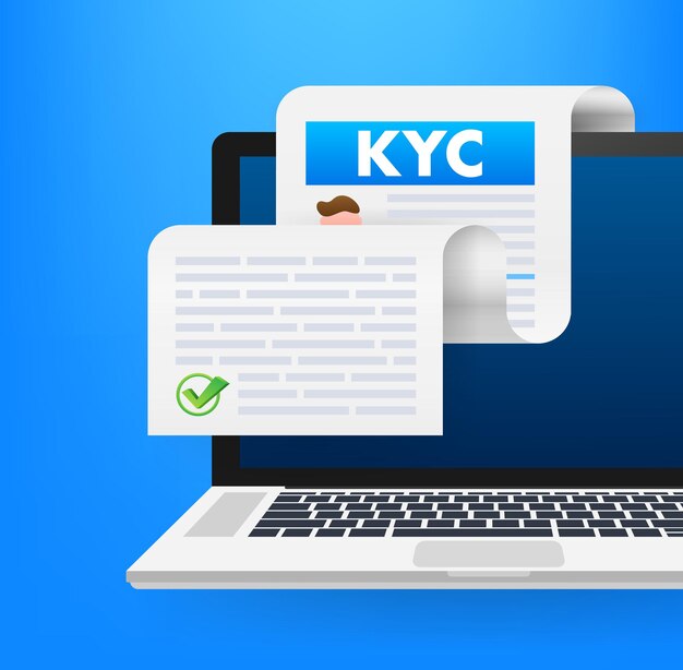 Vector conozca la ilustración del vector de cumplimiento de kyc de su cliente con un documento verificado en la pantalla de su portátil para