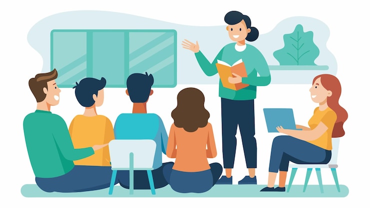 Vector un consejero escolar que facilita un taller sobre habilidades de escucha activa para un grupo de maestros
