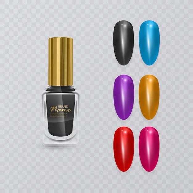 Vector consejos coloridos. juego de uñas postizas para manicura. paleta de colores de barniz para extensión de uñas y esmalte negro realista, ilustración