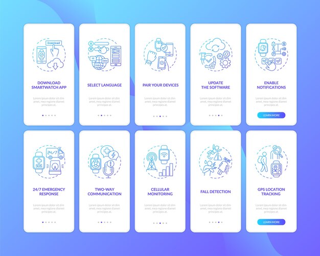 Consejos de configuración del reloj inteligente para la incorporación de la pantalla de la página de la aplicación móvil con un conjunto de conceptos