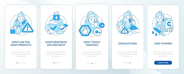 Consejos para el cuidado de la piel en la pantalla azul de la aplicación móvil incorporada. guía de salud de la piel 5 pasos páginas de instrucciones gráficas con conceptos lineales. interfaz de usuario, ux, plantilla de interfaz gráfica de usuario. myriad pro-bold, fuentes regulares utilizadas