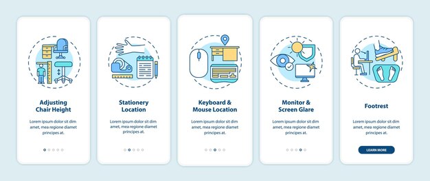 Vector consejos de ergonomía de oficina para la incorporación de la pantalla de la página de la aplicación móvil con conceptos