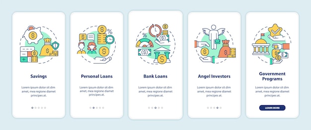 Consejos financieros para pequeñas empresas que incorporan la pantalla de la página de la aplicación móvil. tutorial de inicio de inicio instrucciones gráficas de 5 pasos con conceptos. ui, ux, plantilla de vector de gui con ilustraciones en colores lineales