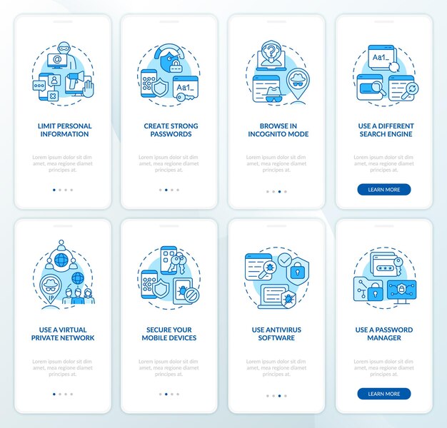 Los consejos de protección de datos en línea configuran la pantalla de la página de la aplicación móvil incorporada. tutorial de datos seguros, instrucciones gráficas de ocho pasos con conceptos. ui, ux, plantilla de vector de gui con ilustraciones en colores lineales