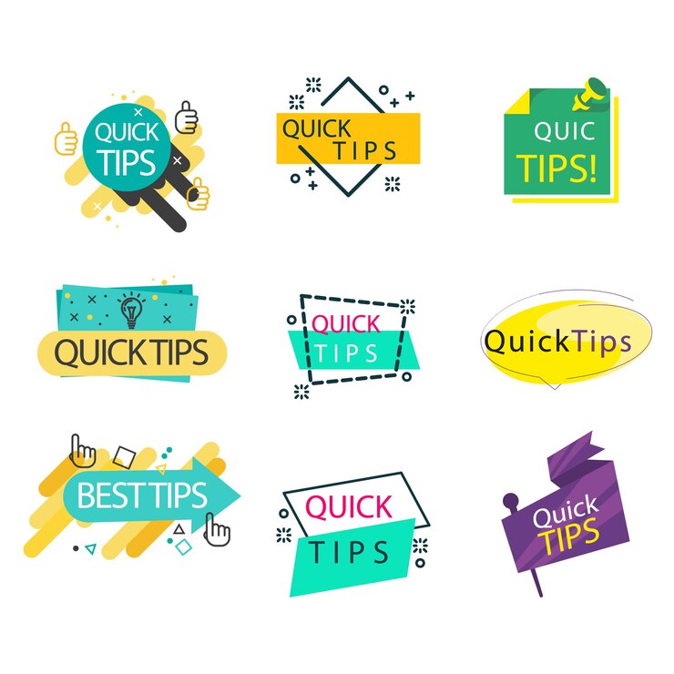 Vector consejos rápidos conjunto vectorial de etiquetas estilo moderno para herramientas solución de insignia y consejo banner truco útil
