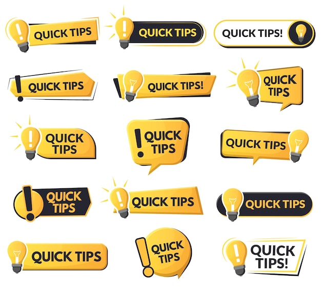 Consejos rápidos, emblemas útiles, solución de problemas o burbujas de discurso de consejos. Trucos y sugerencias útiles conjunto de símbolos vectoriales abstractos. Logotipos de trucos de consejos rápidos