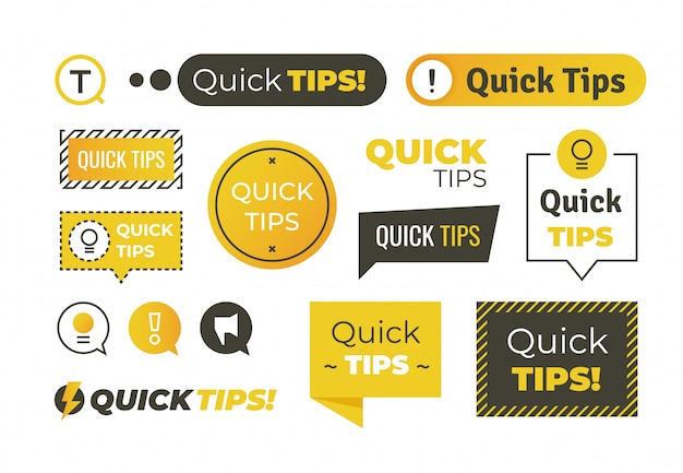 Consejos rápidos formas. Trucos útiles logotipos y pancartas, consejos y sugerencias emblemas. consejos útiles y rápidos