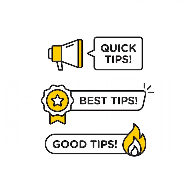 Consejos rápidos, trucos útiles vector icono de logotipo o símbolo con color negro y amarillo y elemento de bombilla