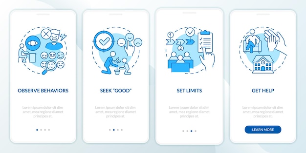 Consejos sobre trastornos de conducta para la pantalla de la aplicación móvil de incorporación azul del maestro Recorrido de 4 pasos páginas de instrucciones gráficas con conceptos lineales UI UX Plantilla de GUI Myriad ProBold Fuentes regulares utilizadas
