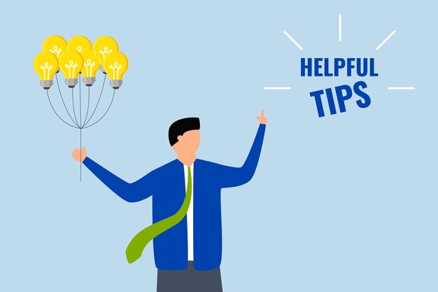 Consejos útiles para los negocios Empresario inteligente agarrando una bombilla iluminada compartiendo valiosos consejos