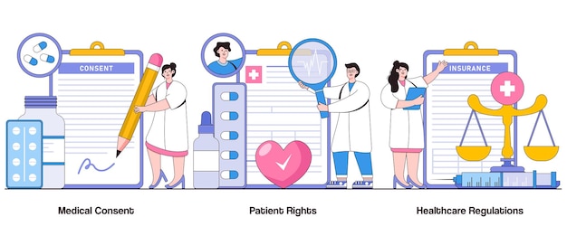 Consentimiento médico derechos del paciente y normas sanitarias concepto con carácter ética médica resumen vector ilustración conjunto consentimiento informado metáfora de confidencialidad