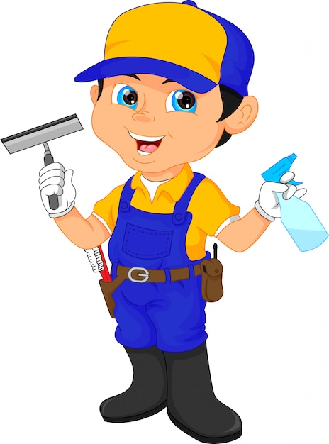 Conserje chico en un traje azul con herramientas de limpieza