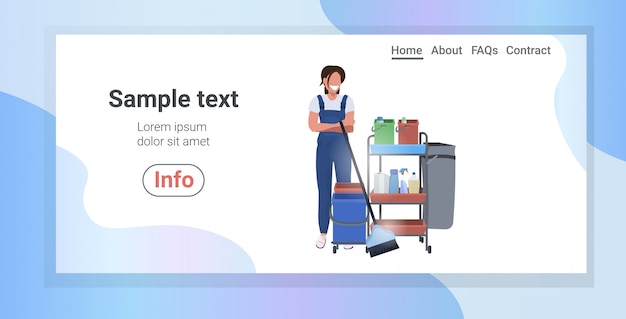 Conserje femenino empujando el carrito con suministros sonriente mujer limpiador en concepto de servicio de limpieza uniforme espacio de copia de longitud completa horizontal