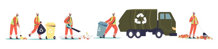 Vector conserjes y limpiadores barriendo la calle y recolectando basura para reciclar contenedores a camión de basura. equipo de trabajadores del servicio de limpieza viaria. ilustración de vector plano de dibujos animados