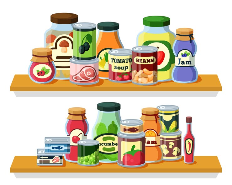 Vector conservas de alimentos, productos en latas planas. botellas y tarros de vidrio, envases metálicos con conservación, material de cocina. alimentos enlatados en estante de madera