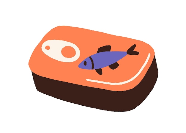 Conservas de pescado en lata de metal. Atún enlatado, mariscos conservados en envase cerrado hermético. Mariscos en paquete al estilo garabato. Ilustración de vector plano coloreado aislado sobre fondo blanco.