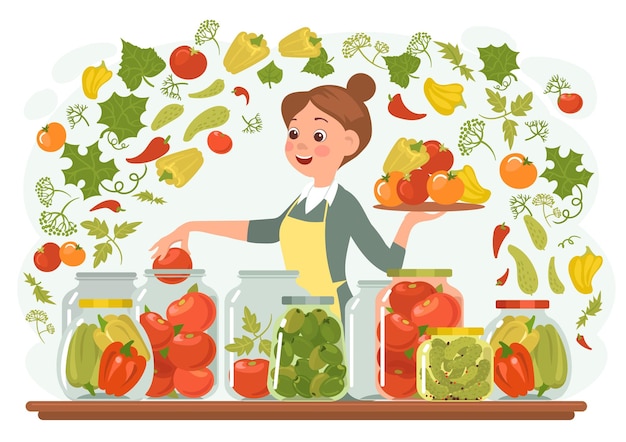 Conservas de verduras Conservación de alimentos Mujer que conserva productos naturales Cocinar en delantal Rodos de tomates pepinos o pimientos en frascos Conservación para el almacenamiento Concepto de vector espléndido