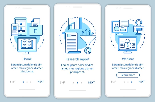 Consideración de la plantilla de vector de pantalla de la página de la aplicación móvil de incorporación de contenido azul. Pasos del sitio web del recorrido del informe de investigación con ilustraciones lineales. Concepto de interfaz de teléfono inteligente UX, UI, GUI