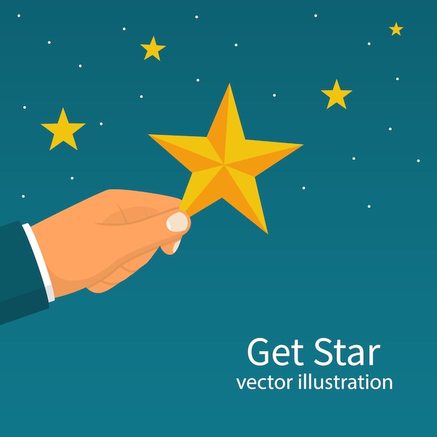 Vector consigue la altura de alcance de la estrella el hombre de negocios sostiene una gran estrella amarilla aislada en el cielo nocturno de fondo...