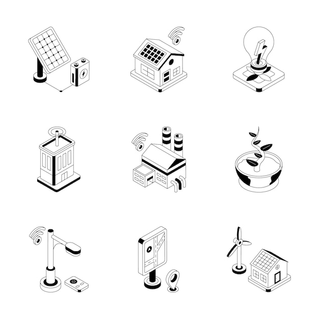 Consigue esta colección de moda que muestra iconos de contorno isométrico de ciudades inteligentes