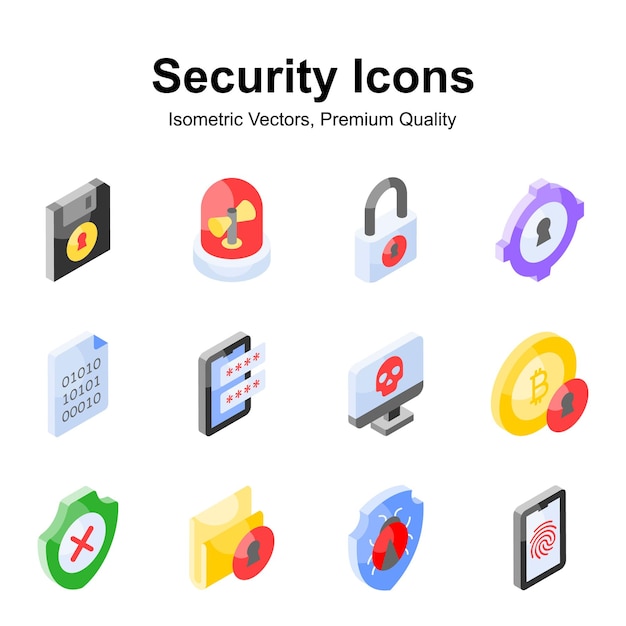 Consigue estos iconos de seguridad visualmente atractivos en estilo isométrico listos para usar y descargar