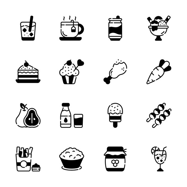 Consigue esta increíble colección de alimentos y bebidas con iconos de glifos
