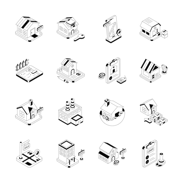 Consigue este paquete fácil de editar que muestra el icono de la propiedad en estilo isométrico