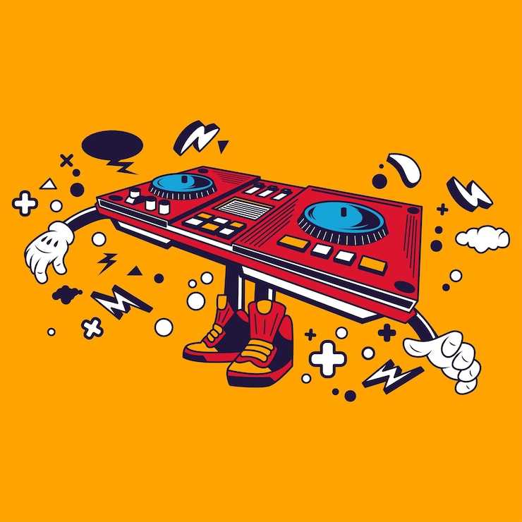 Vector consola de dj personaje de dibujos animados pegatina vector stock ilustración