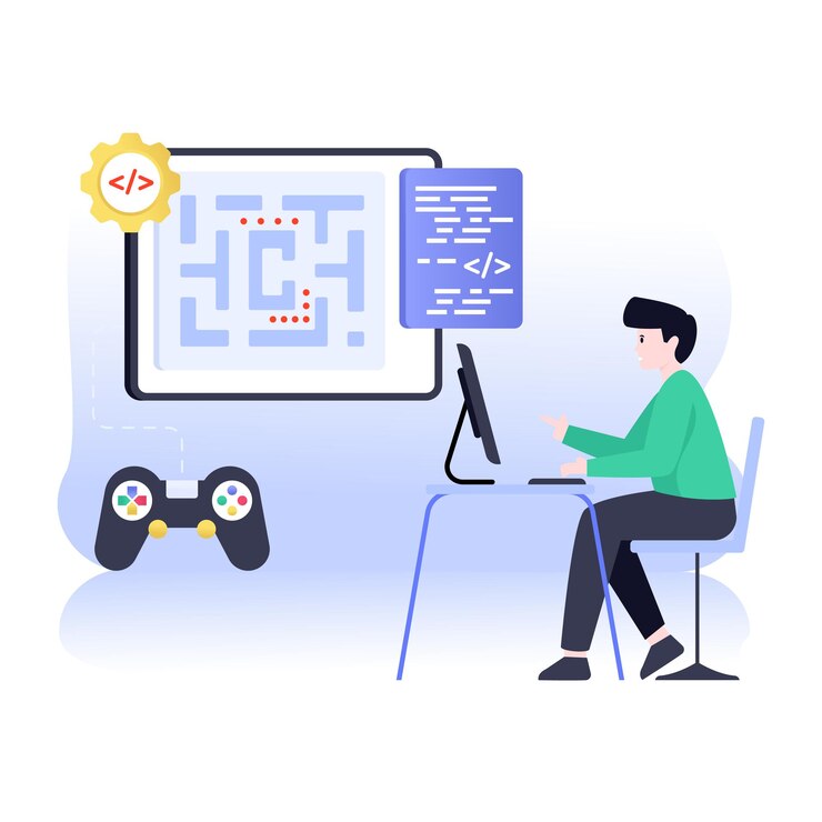 Vector consola de juegos con ilustración plana de codificación de sitios web del desarrollo de juegos