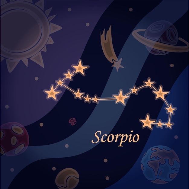 Constelación de Doodle del escorpión Símbolo de los signos del zodíaco Ilustración vectorial de la astrología y la astronomía. Horóscopos estrellas brillantes en el fondo del cosmos