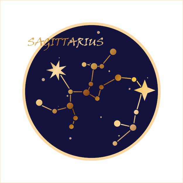 Constelación dorada en el cielo nocturno Signo del zodiaco Sagitario en un círculo Astrología Astronomía Estrellas Cielo estrellado Ilustración vectorial