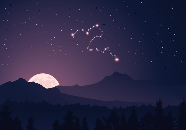 Constelación eridanus en el fondo del cielo estrellado, montañas, bosques y la luna creciente