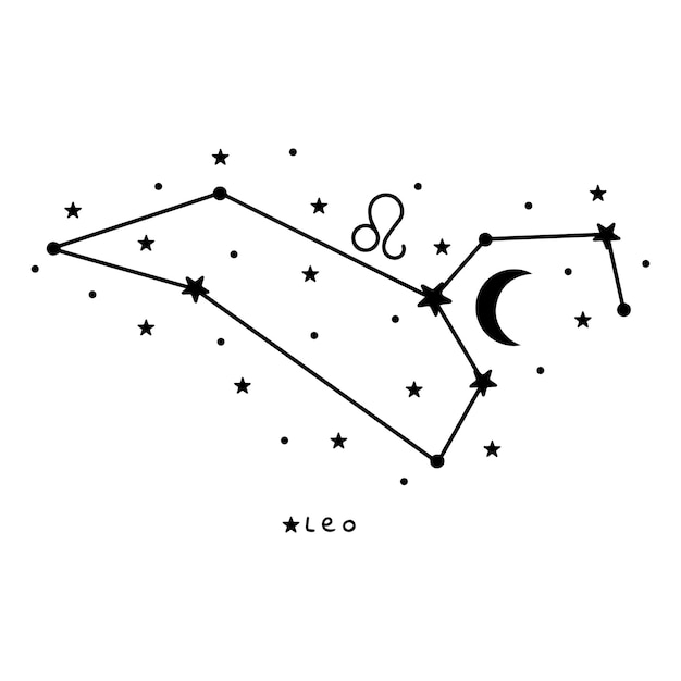 Constelación de la estrella Leo con estrellas y luna en el fondo blanco arte vectorial