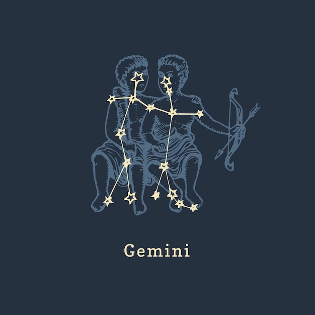 Constelación del zodiaco de géminis en estilo de grabado ilustración gráfica retro vectorial del signo astrológico gemelos