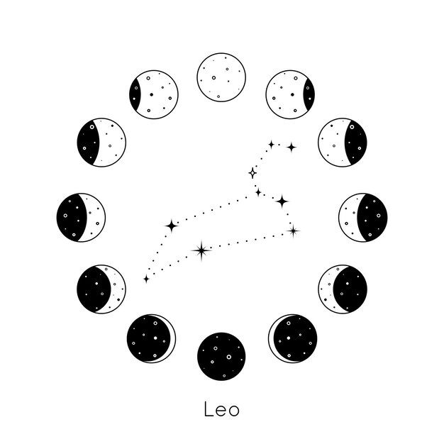 Constelación del zodiaco leo dentro del conjunto circular de fases lunares contorno negro silueta de estrellas vector ...