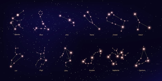 Constelación del zodiaco, símbolos astrológicos sobre fondo estrellado azul oscuro.