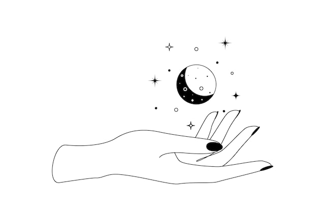 Constelaciones de luna creciente celestial mística sobre silueta de contorno de mano. ilustración de vector de símbolo de la bruja y la magia de boho.