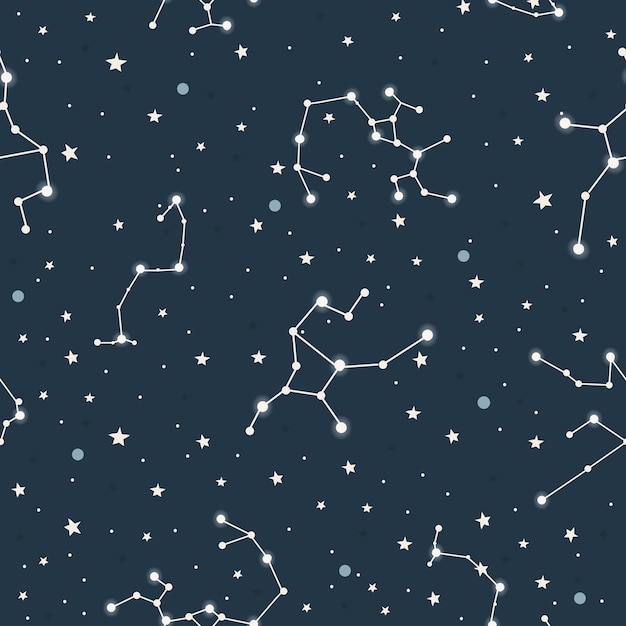 Constelaciones de patrones sin fisuras dibujadas a mano, planeta y cielo estelar. Signos del zodiaco. ilustración vectorial,