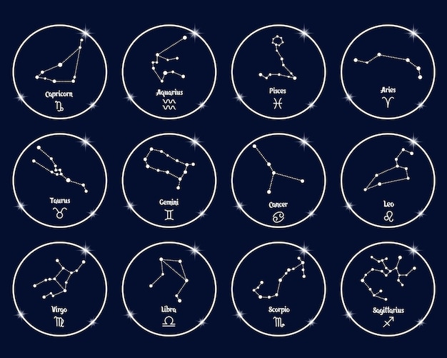 Constelaciones de signos del zodiaco en círculos blancos brillantes, establecidos. Contorno blanco sobre un fondo azul. Iconos