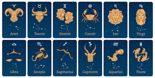 Vector constelaciones y signos del zodíaco. tarjetas de horóscopo con estrellas de la constelación, símbolos decorativos del bosquejo del zodíaco