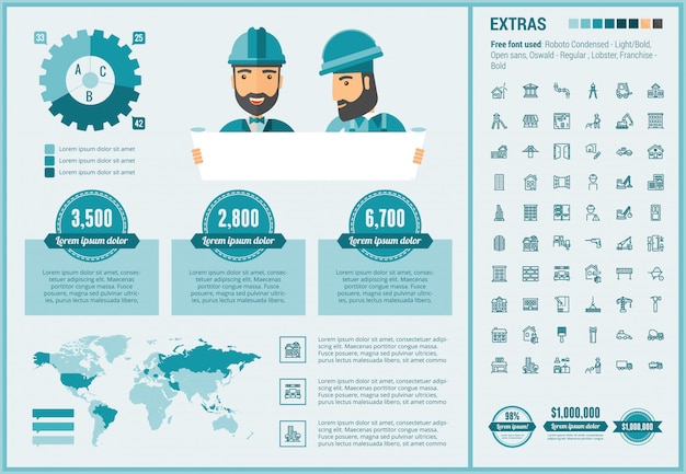 Vector constraction plano diseño infográfico plantilla y conjunto de iconos