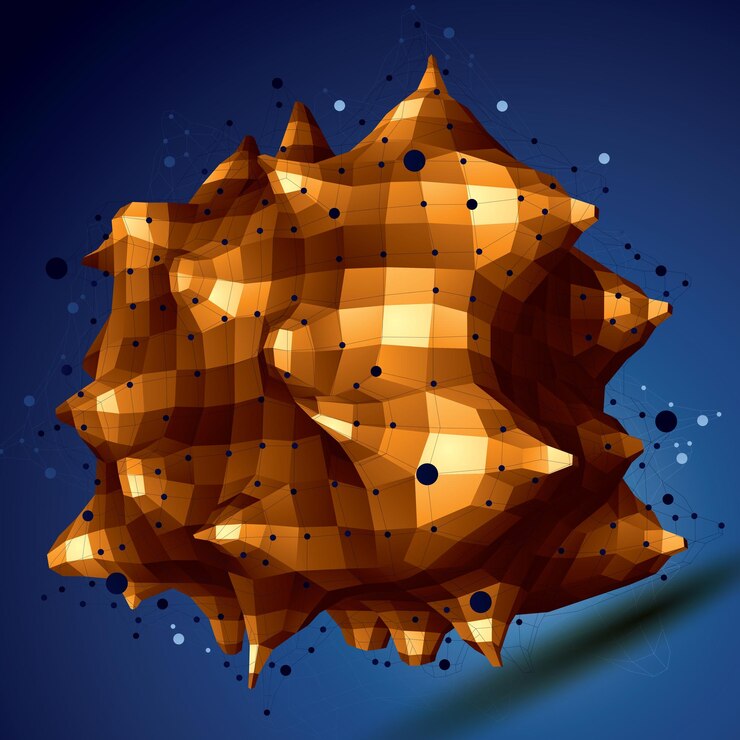 Vector construcción abstracta con estilo moderno de malla 3d, objeto de faceta de origami dorado construido a partir de diferentes partes geométricas.