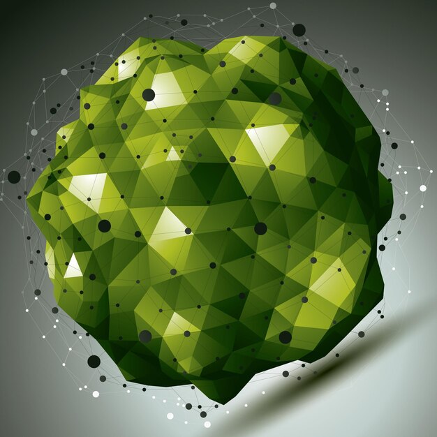 Construcción arquitectónica con estilo verde de tecnología contemporánea, figura 3d abstracta con líneas y puntos conectados.