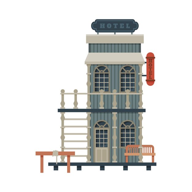 Construcción arquitectónica de hoteles Oeste salvaje Edificio de madera Diseño de la ciudad occidental Ilustración vectorial de elementos